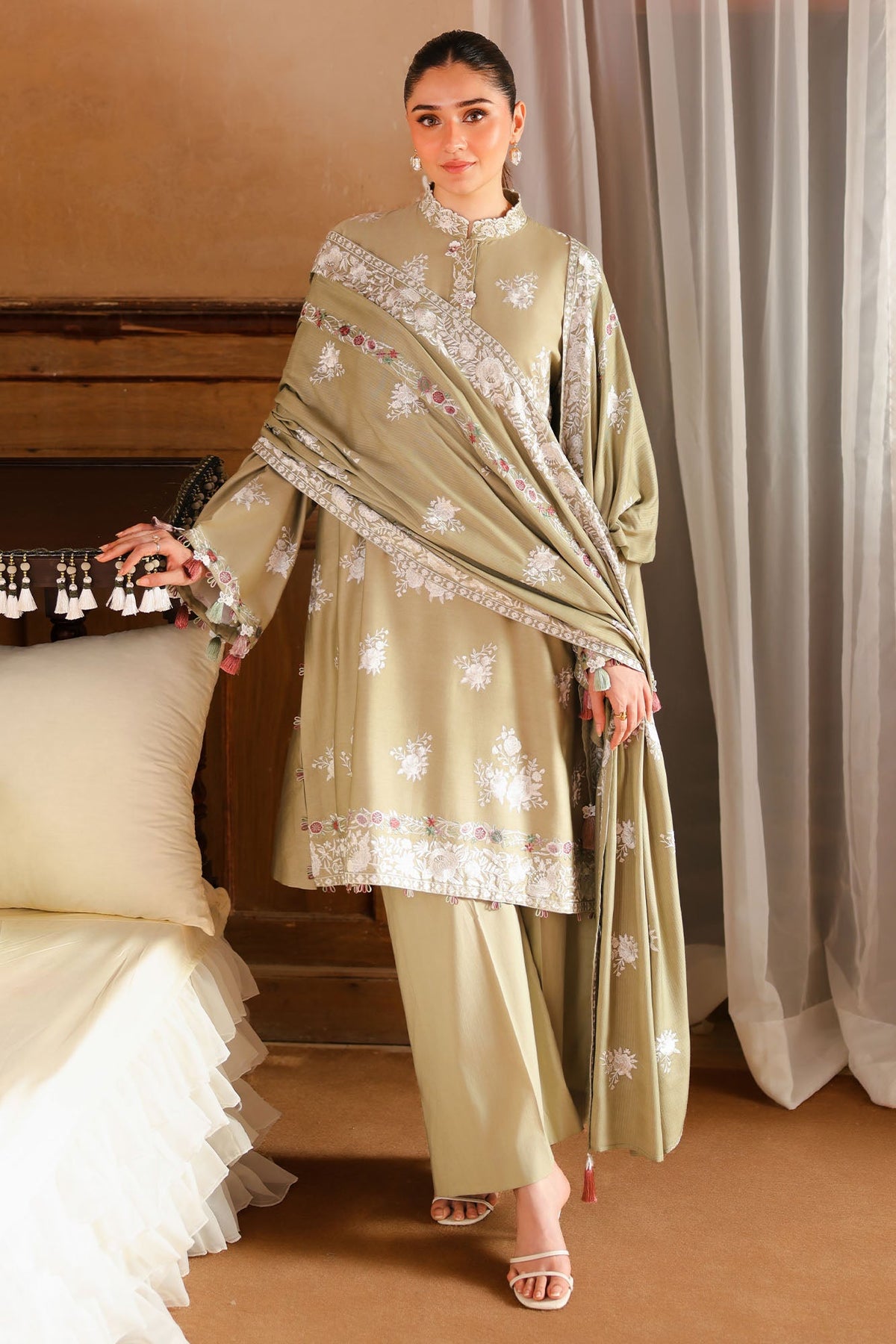 Muted Sage 3 Piece Satin Embroidered Suit