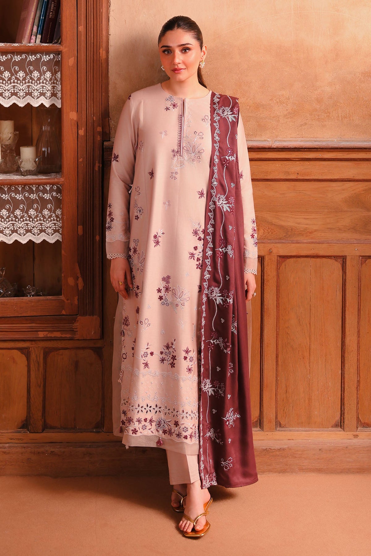 Sand Whisper 3 Piece Satin Embroidered Suit