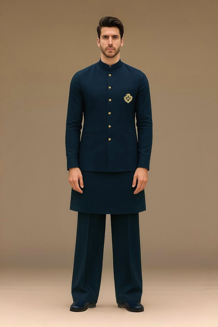 Navy Blue Waistcoat with Kurta/Pajama - Cotton Silk
