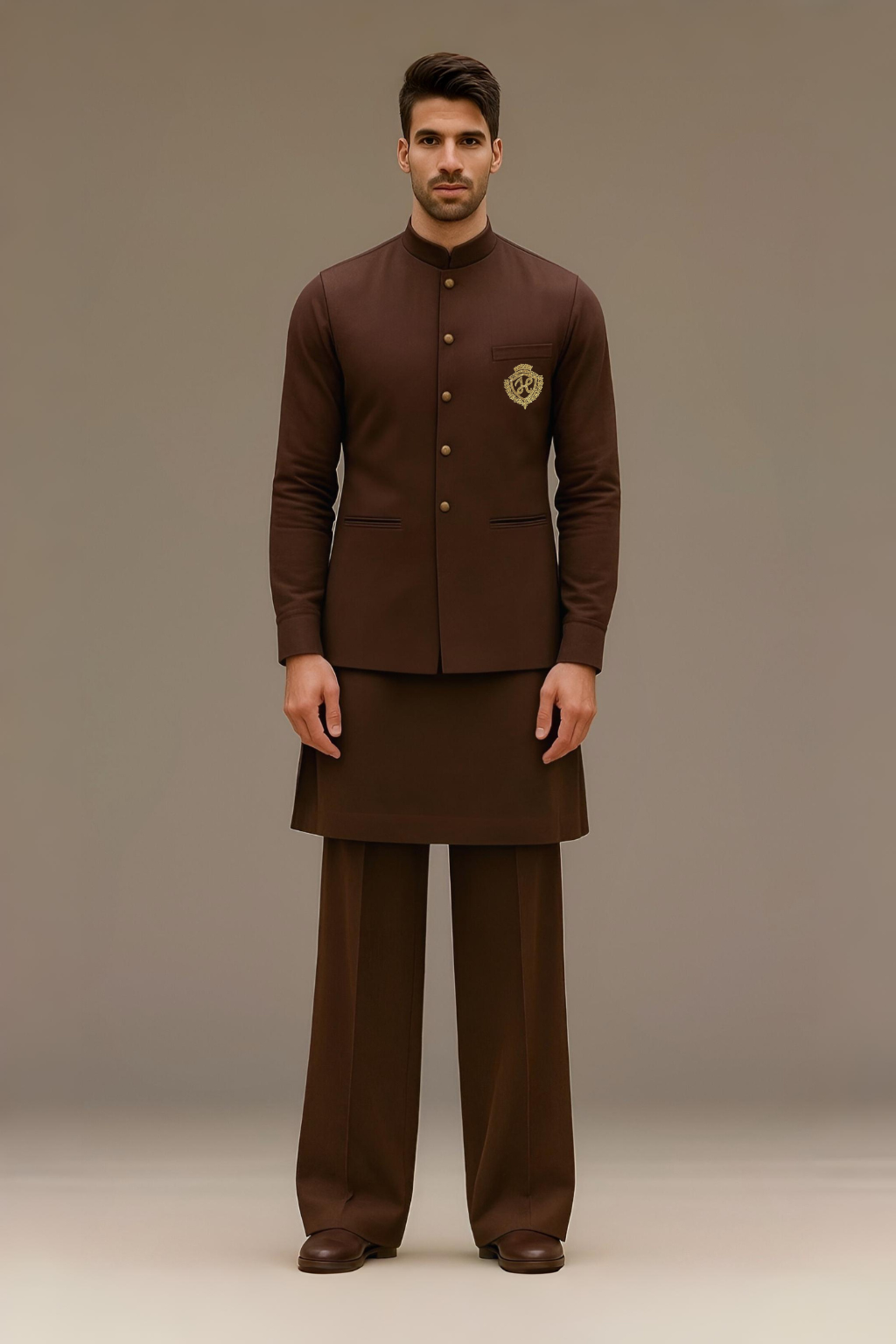 Chocolate Brown Waistcoat with Kurta/Pajama - Cotton Silk