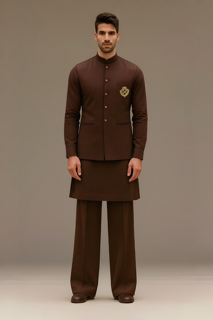 Chocolate Brown Waistcoat with Kurta/Pajama - Cotton Silk