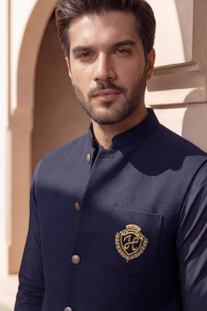 Navy Blue Motive Waistcoat with Kurta Pajama - Armani