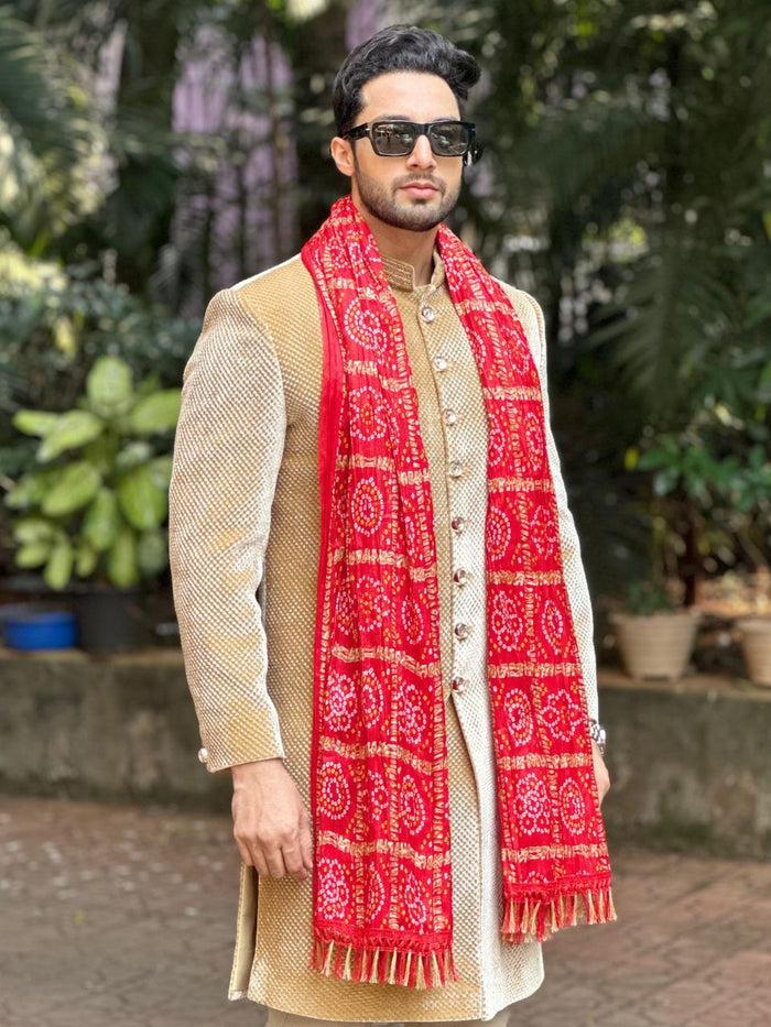 Men's Red Bandhini Printed Crushed Silk Blend Dupatta for Kurta/Sherwani/Achkan