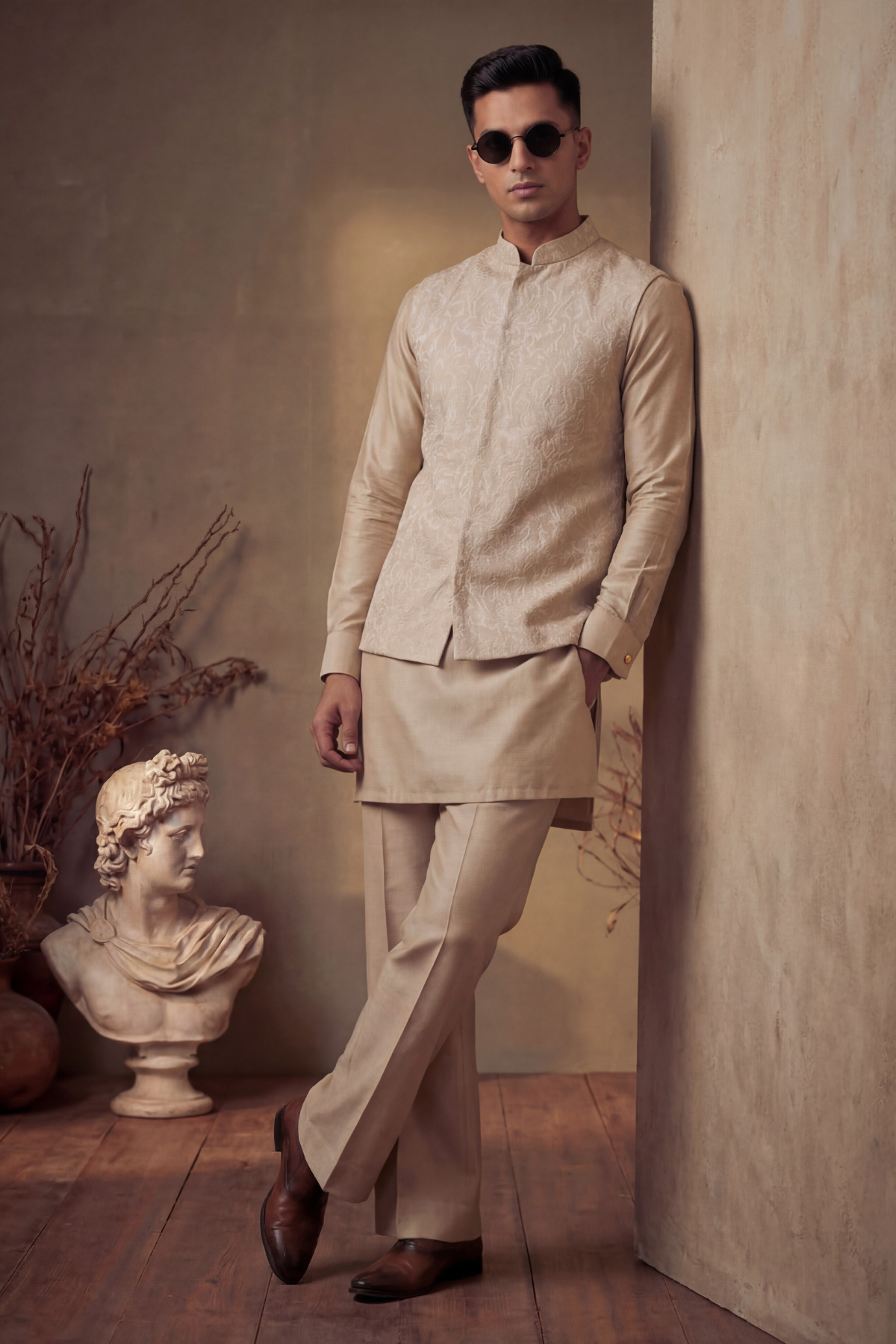 Beige Sequence Embroidered Waistcoat