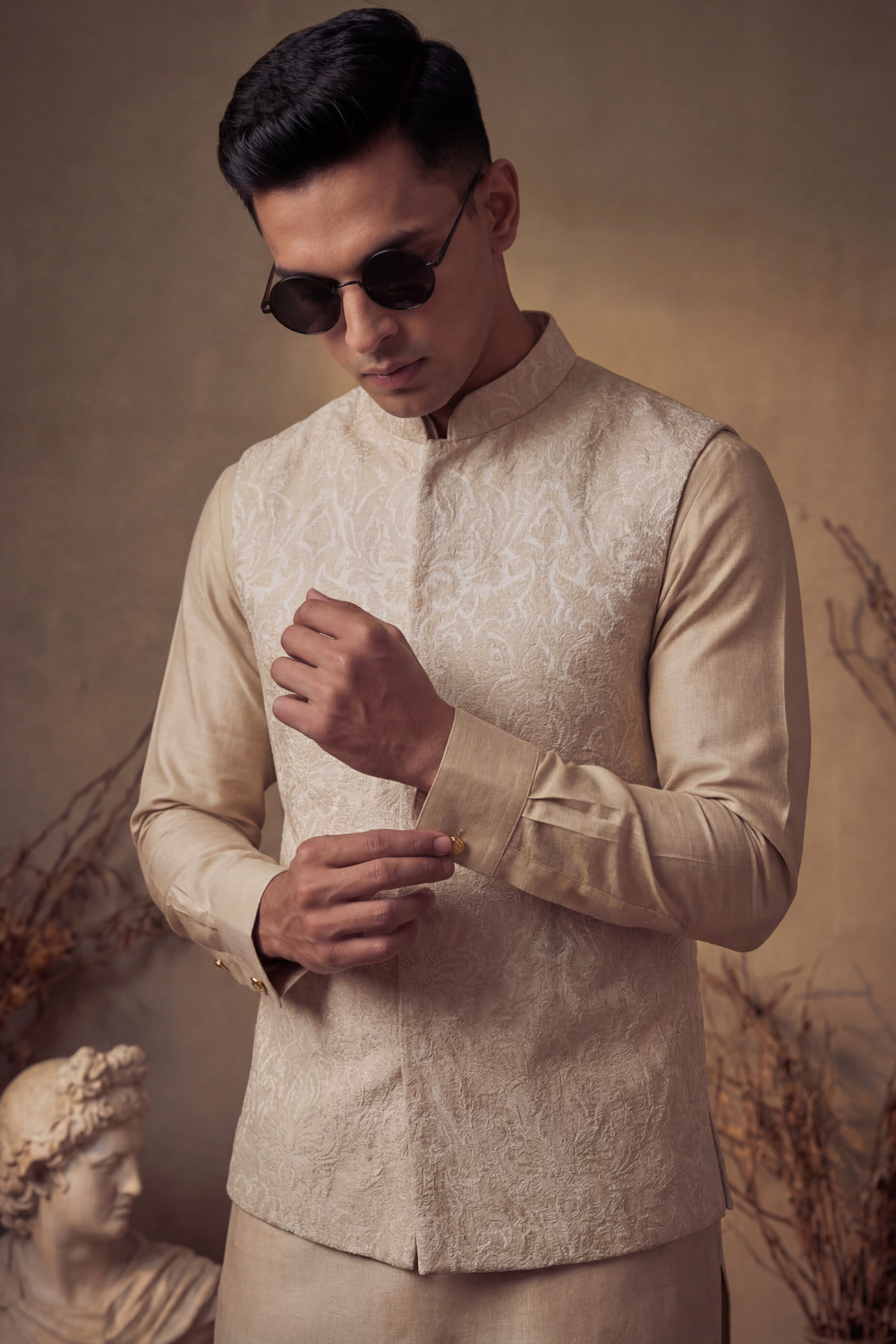 Beige Sequence Embroidered Waistcoat