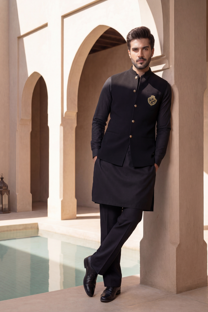Black Motive Waistcoat with Kurta Pajama - Armani