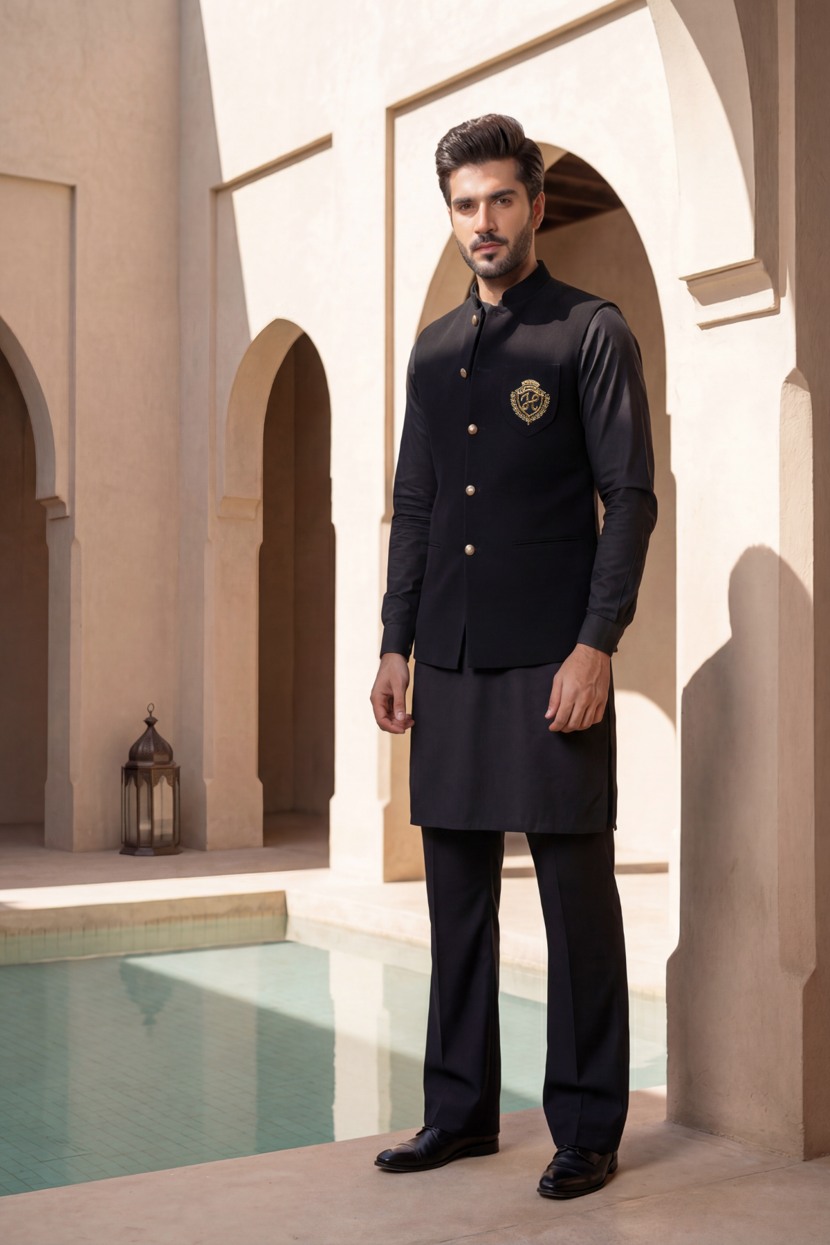 Black Motive Waistcoat with Kurta Pajama - Armani