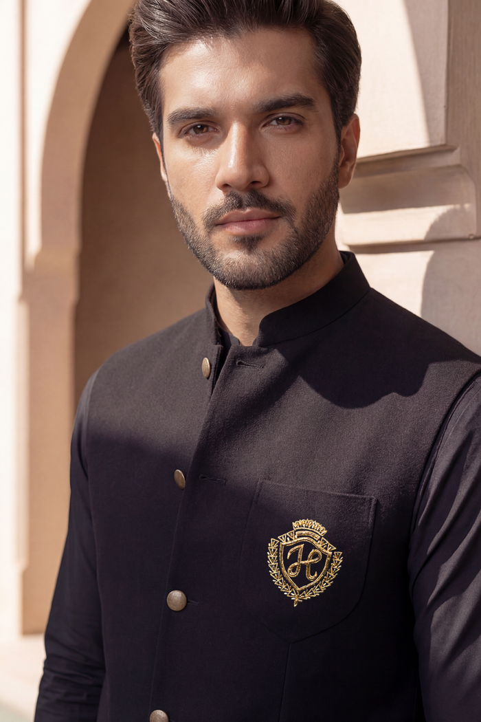 Black Motive Waistcoat with Kurta Pajama - Armani