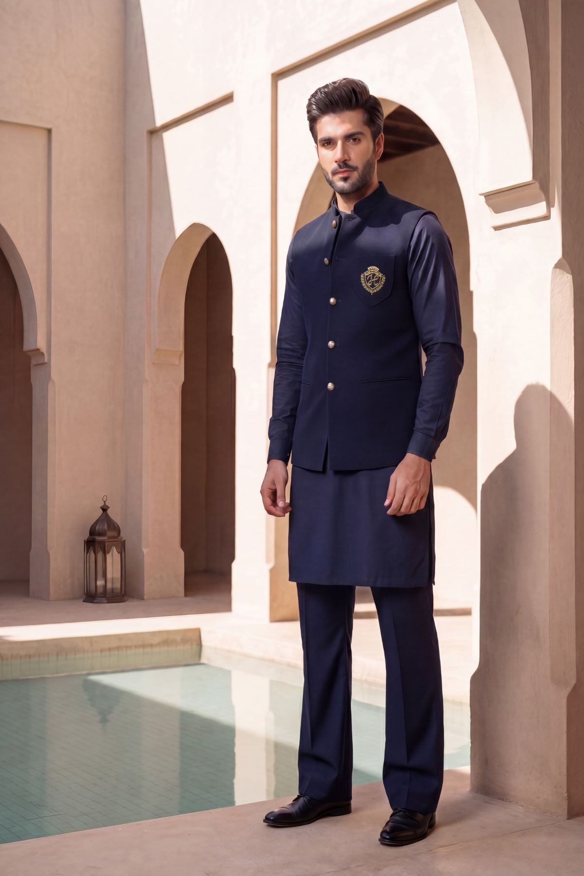 Navy Blue Motive Waistcoat with Kurta Pajama - Armani