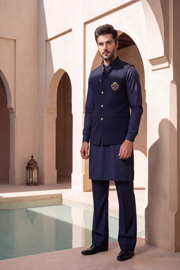 Navy Blue Motive Waistcoat with Kurta Pajama - Armani