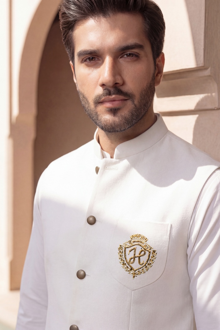 White Motive Waistcoat with Kurta Pajama - Armani