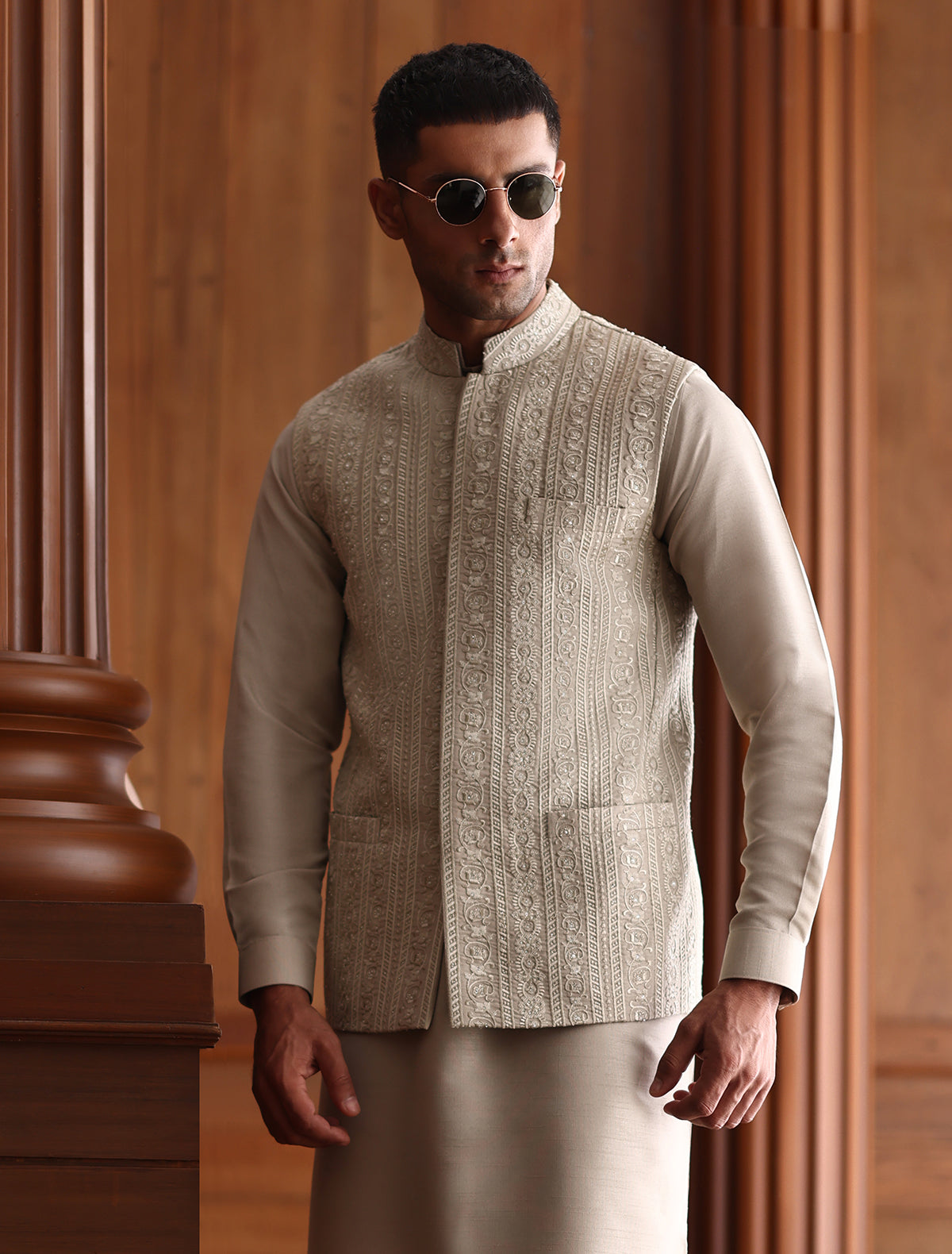 Fawn Gray Intricate Embroidered Waistcoat