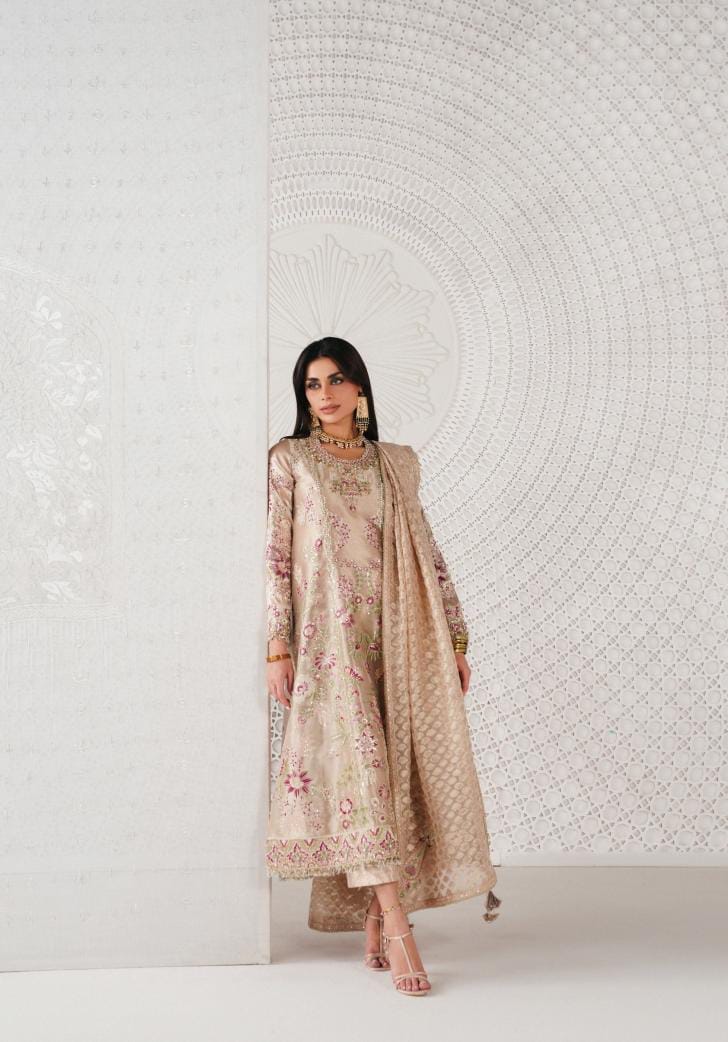 Zari: Rose-Gold Chanderi Kurta Set with Jamawar Culottes & Zari Organza Dupatta | Saad Bin Shahzad Festive Pret 2026