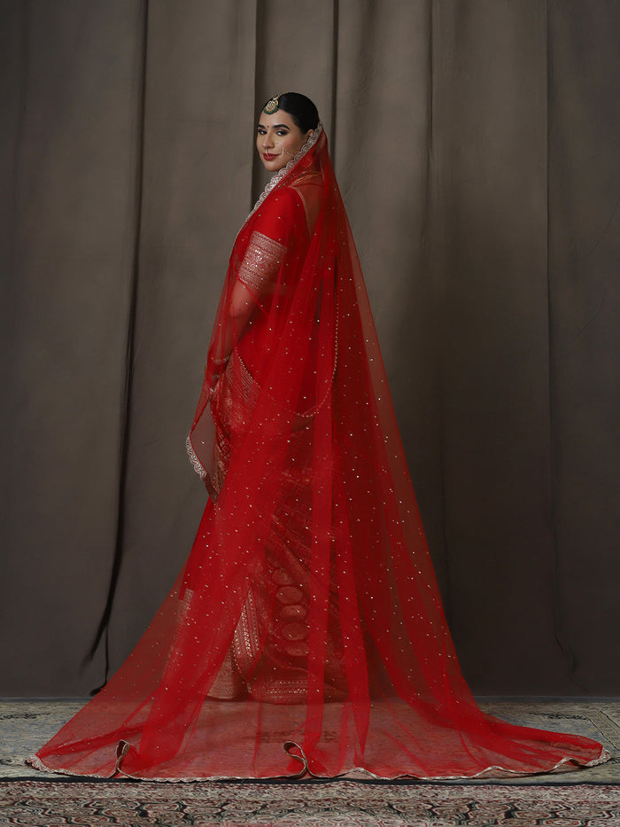 Bridal Khoobsurat Red Front Round Net Scalloped Veil
