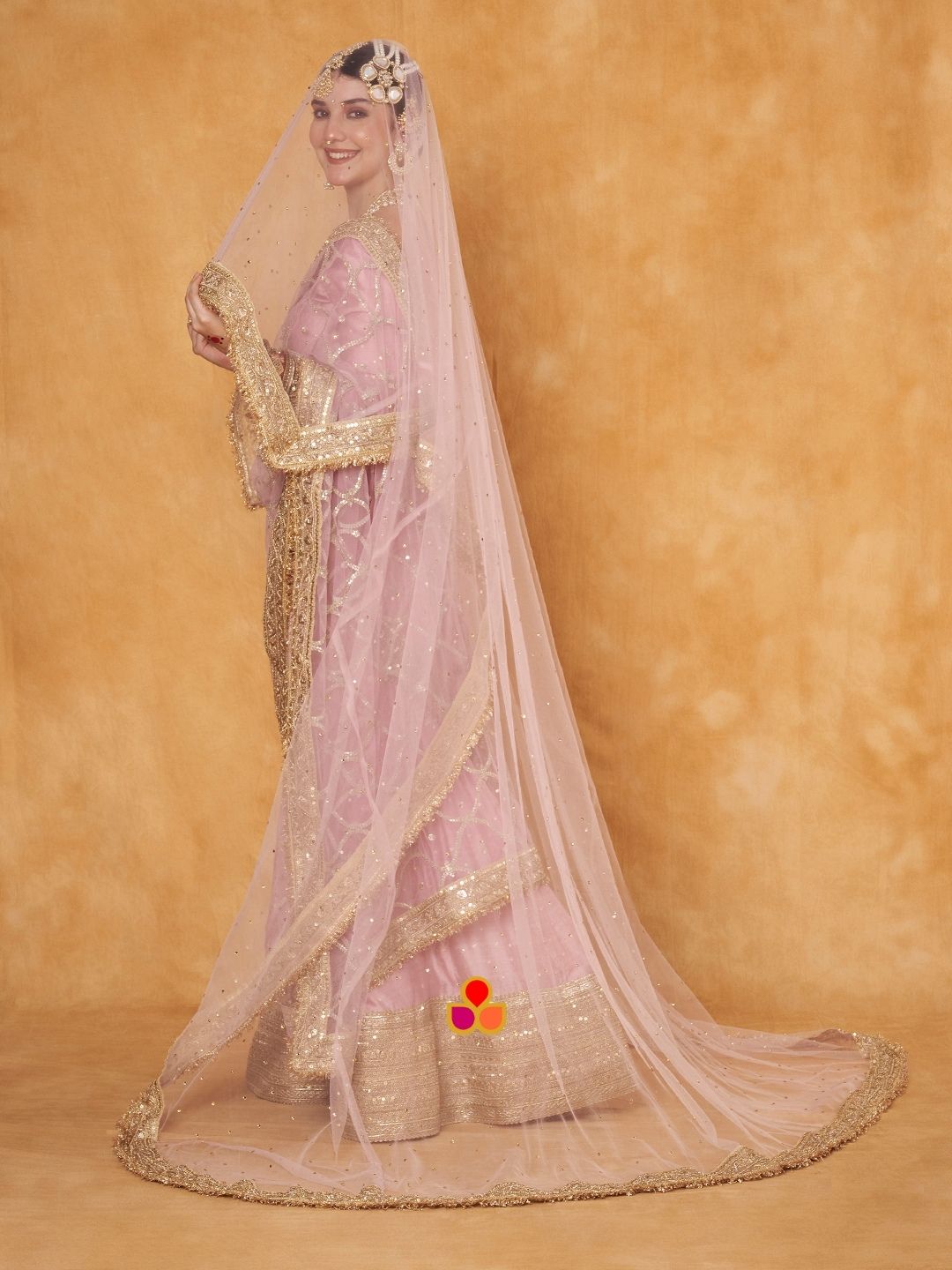 Bridal Veil Pink Magic Embroidered Fringed Net Veil