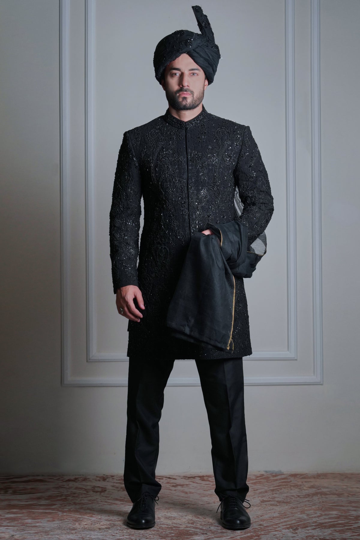 Shaahkaar - Black Handcrafted Rawsilk Sherwani