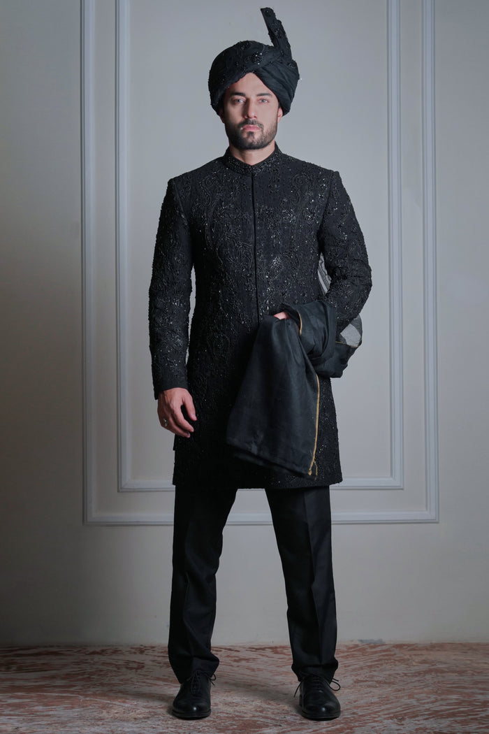 Shaahkaar - Black Handcrafted Rawsilk Sherwani