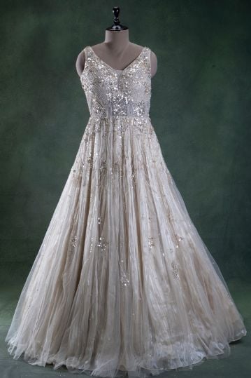 Beige Sequins Embroidered Net Evening Gown
