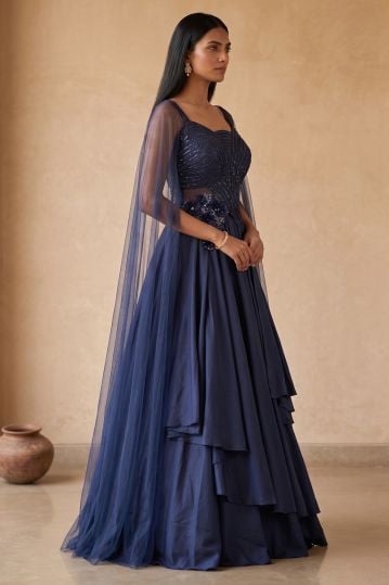 Blue Cutdana Embroidered Satin Evening Gown with Cape Sleeves