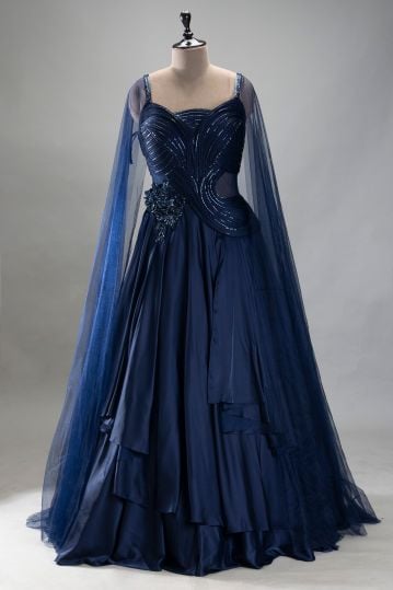 Blue Cutdana Embroidered Satin Evening Gown with Cape Sleeves