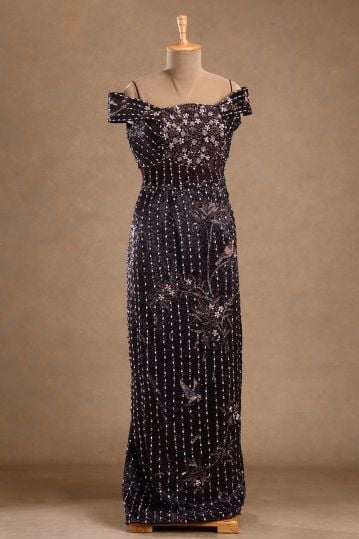 Dark Purple Sequins Embroidered Off Shoulder Cocktail Gown