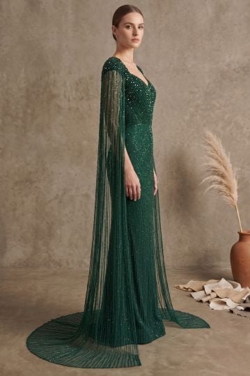 Emerald Green Sequins Embroidered Net Evening Gown with Cape Sleeves