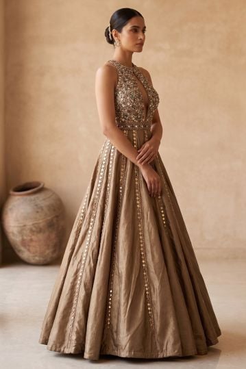 Gold Stone Embroidered Tissue Cocktail Gown