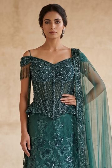 Green Sequins Embroidered Mermaid Style Evening Gown