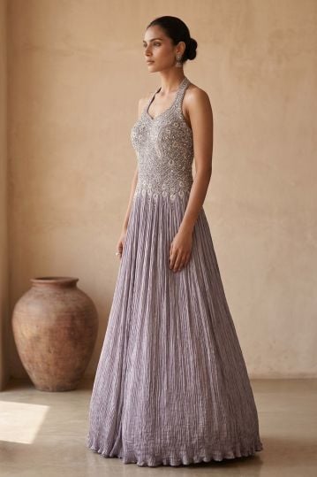 Grey Sequins Embroidered Crepe Evening Gown with Halter Neck