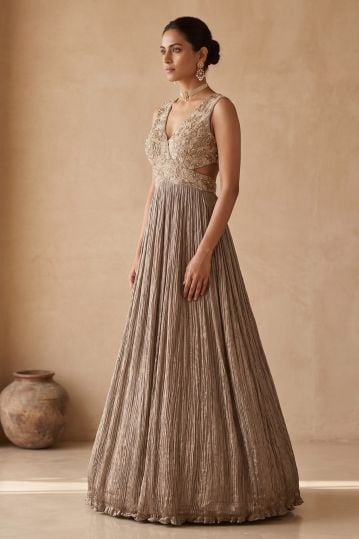 Grey Sequins Embroidered Crepe Evening Gown with Wrap Neck