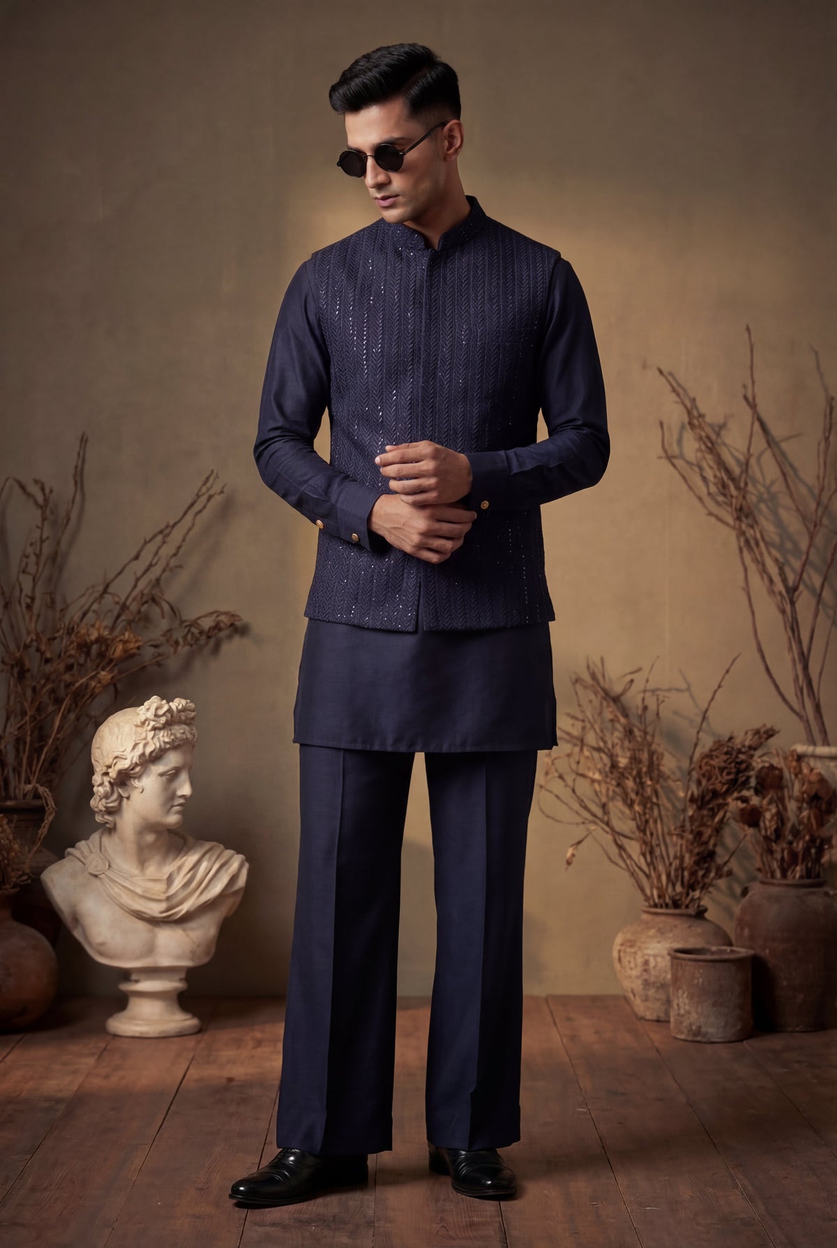 Blue Sequence Embossed Waistcoat