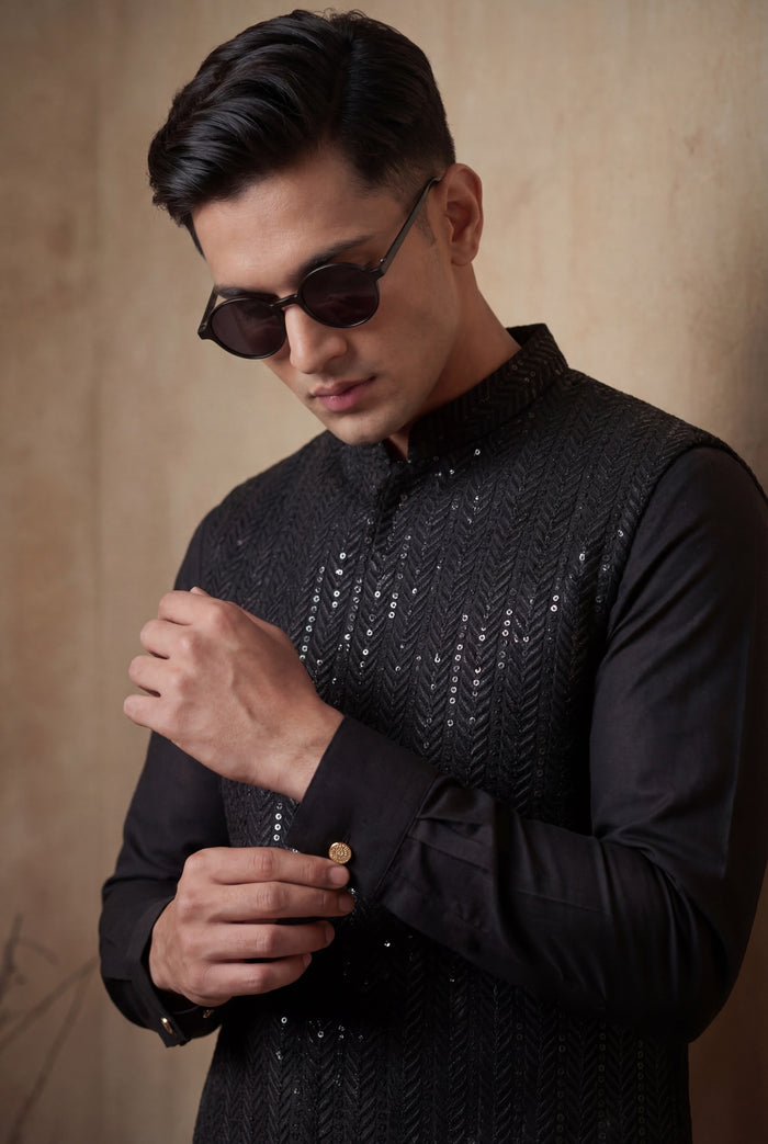 Black Sequence Embossed Waistcoat
