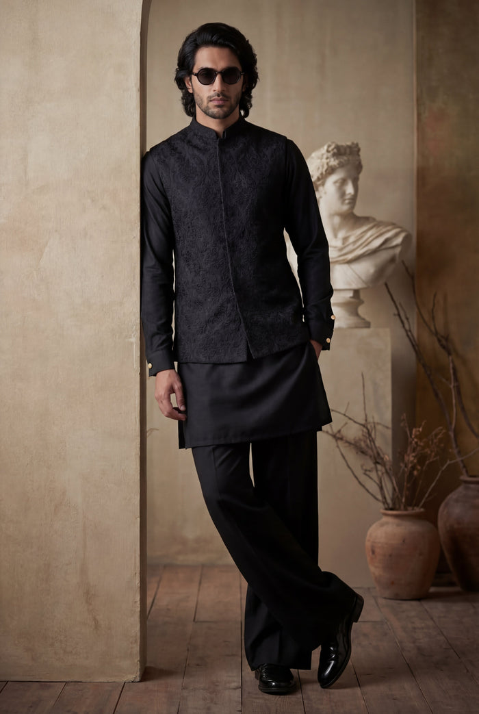 Deep Black Sequence Embossed Waistcoat
