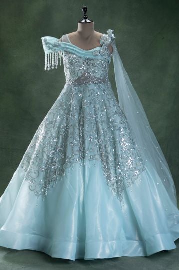 Light Blue Sequins Embroidered Glass Tissue Evening Gown with Asymmetric Sleeves