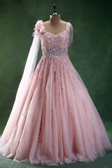 Light Pink Sequins Embroidered Net Evening Gown with Pentagon Neck