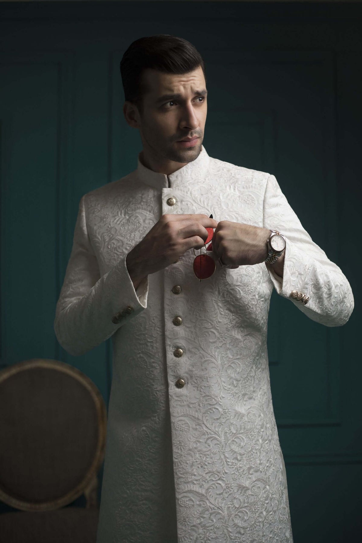 White Self Embossed Sherwani