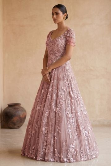 Pale Pink Sequins Embroidered Net Evening Gown with Leaf Neck