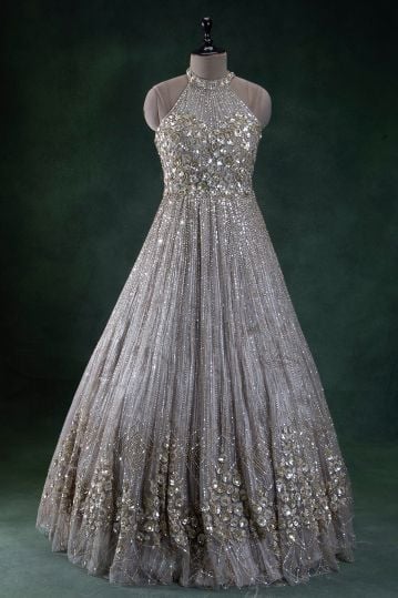 Pastel Grey Sequins Embroidered Evening Net Gown with Halter Neck