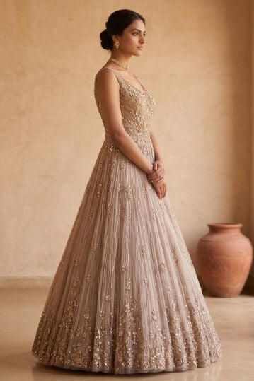 Pastel Grey Sequins Embroidered Evening Gown with V Neck