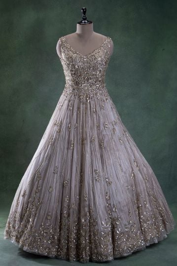 Pastel Grey Sequins Embroidered Evening Gown with V Neck