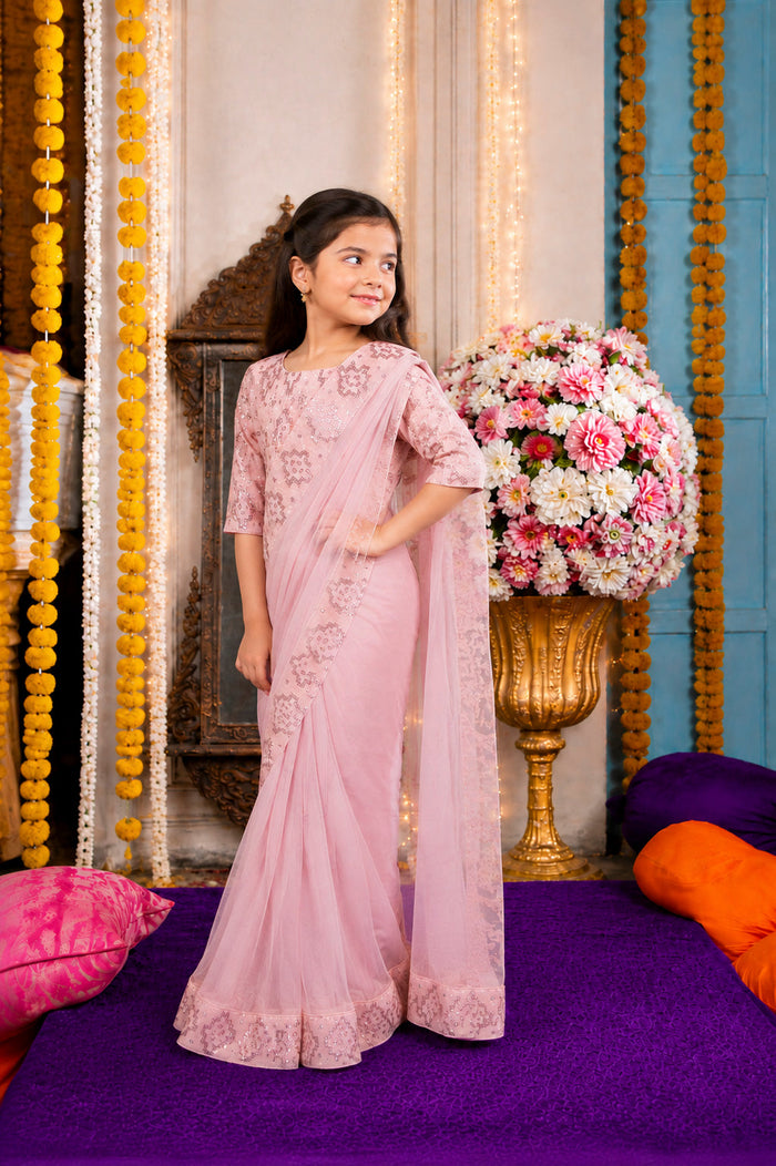 Blush Pink Sequined Embroidered Festive Saree Set