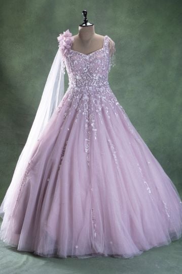 Pink Sequins Embroidered Net Cocktail Gown with Pentagon Neck