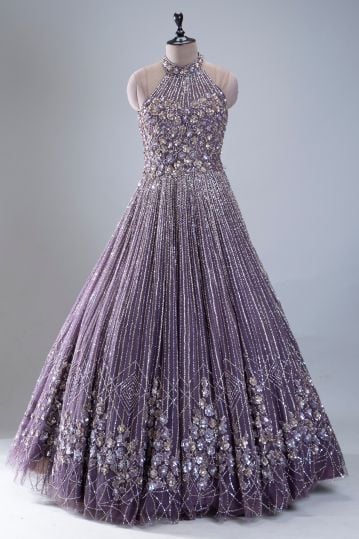 Purple Sequins Embroidered Evening Gown with V Neck
