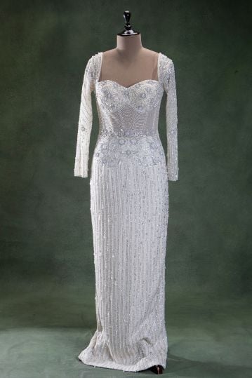 White Sequins Embroidered Net Cocktail Gown with Sweetheart Neck