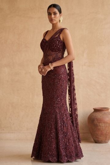 Wine Purple Sequins Embroidered Mermaid Style Evening Gown