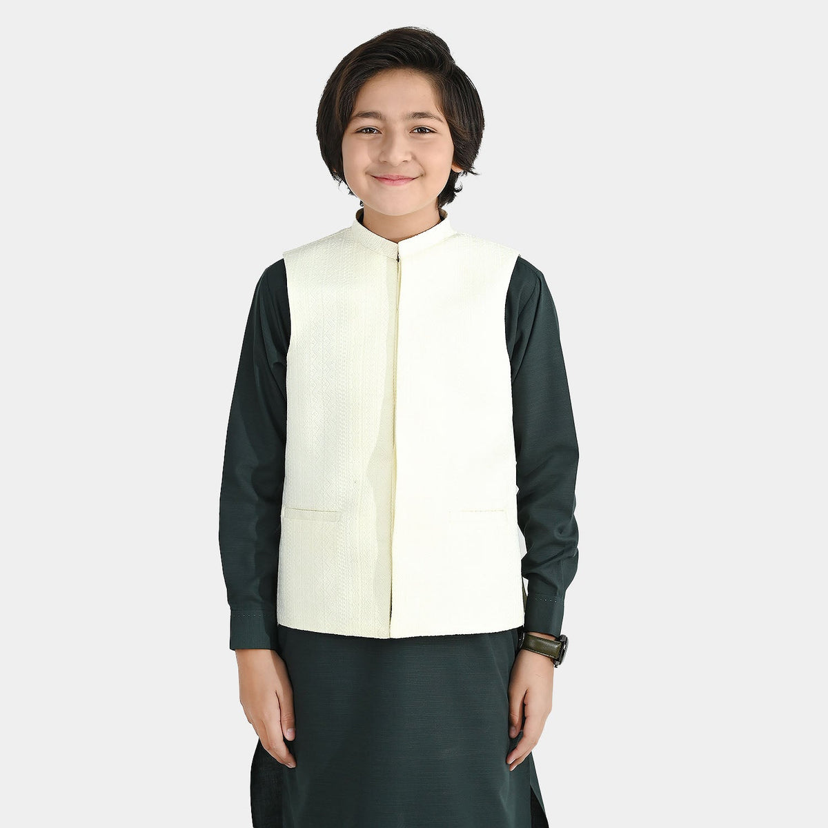 Boys Poly Viscose Waistcoat (Mughal) - Cream